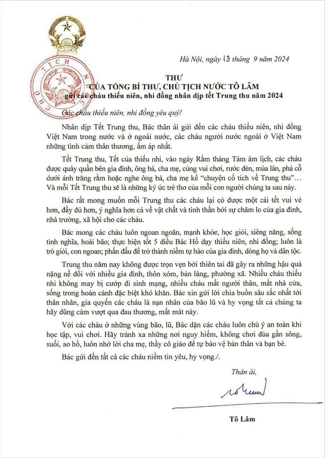 Thư của Tổng Bí thư, Chủ tịch nước Tô Lâm gửi các cháu thiếu niên, nhi đồng nhân dịp tết Trung thu năm 2024